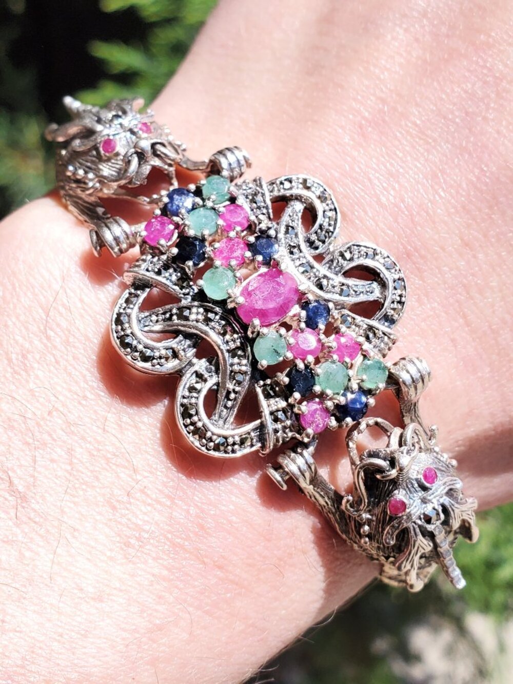 925 Sterling Silver Dragon Cuff With Gemstones And Marcasite 7.5 Inches